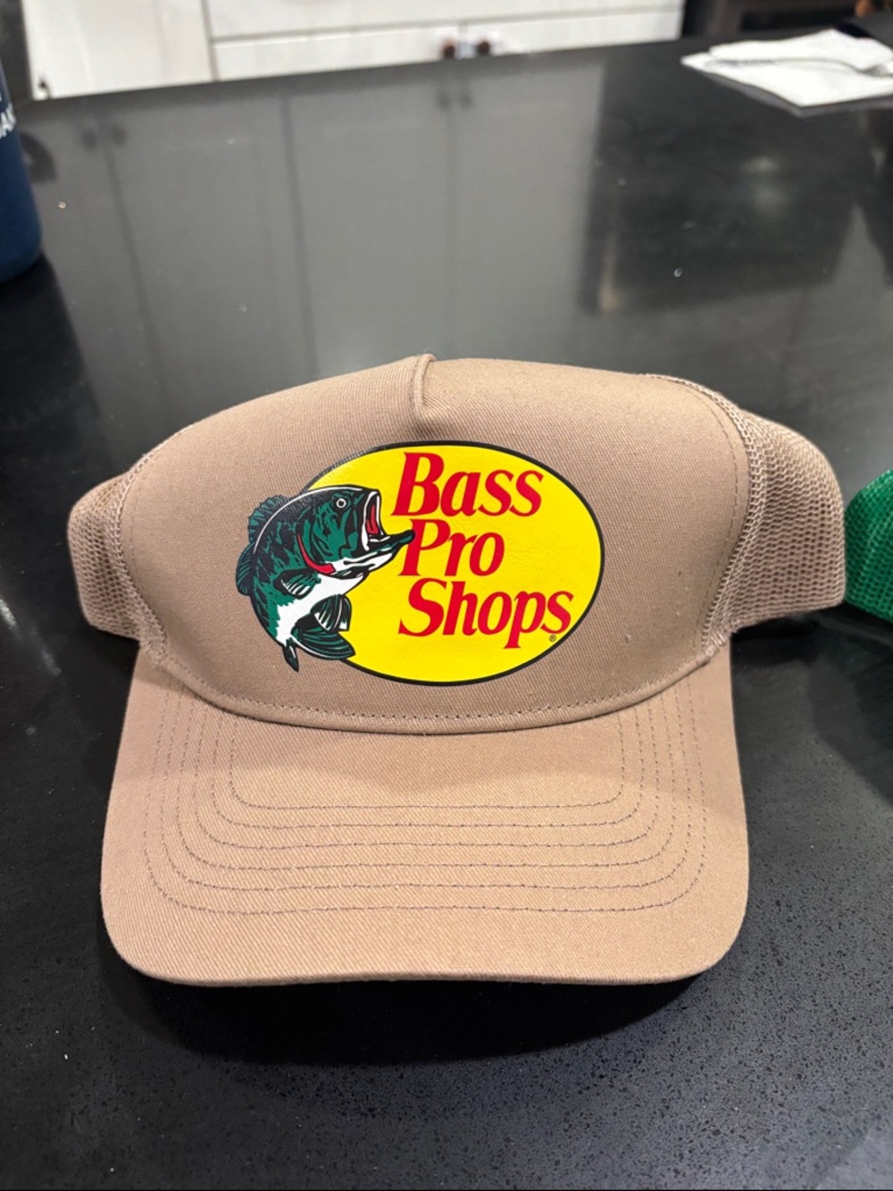 Bass Pro Shops Tan Cap with Yellow Logo and Green Fish